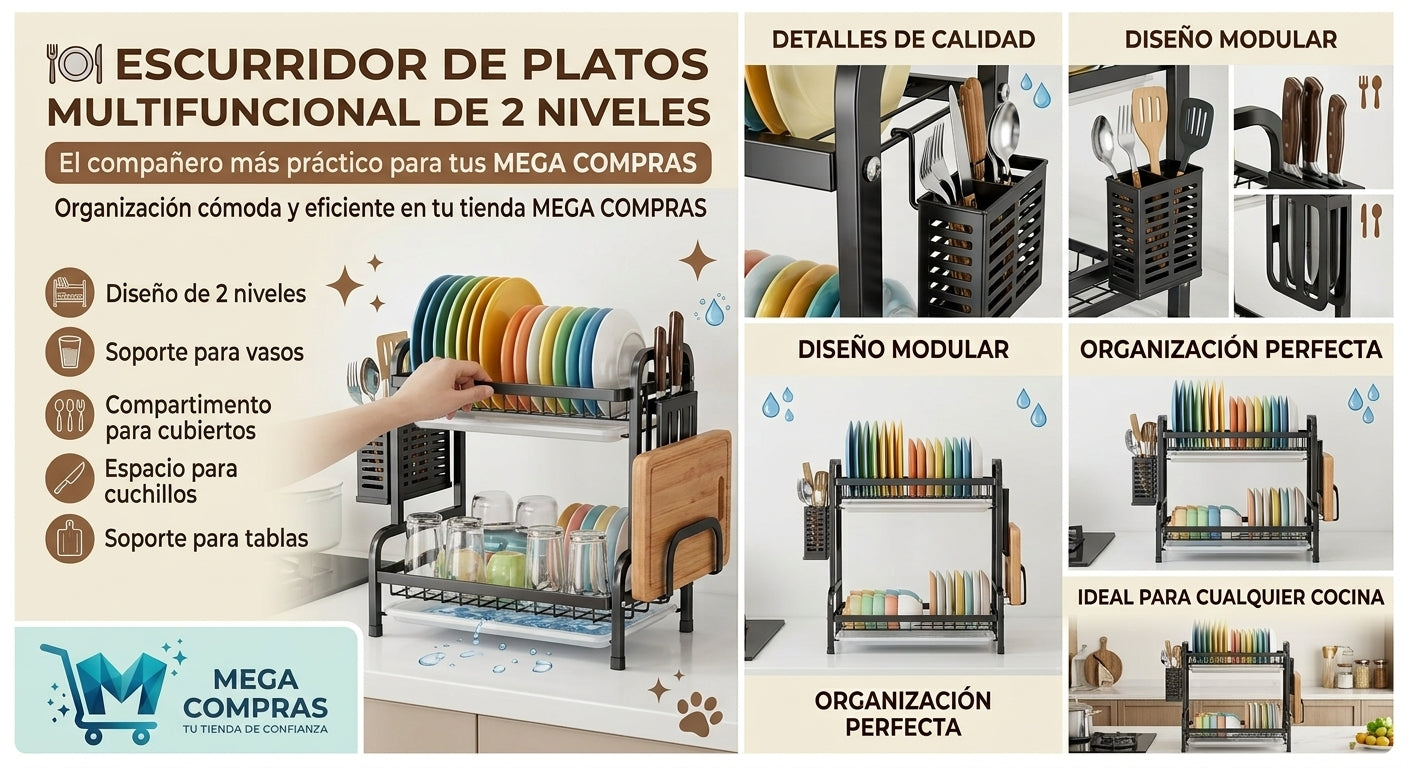 🍽️ Escurridor de Platos Multifuncional de 2 Niveles