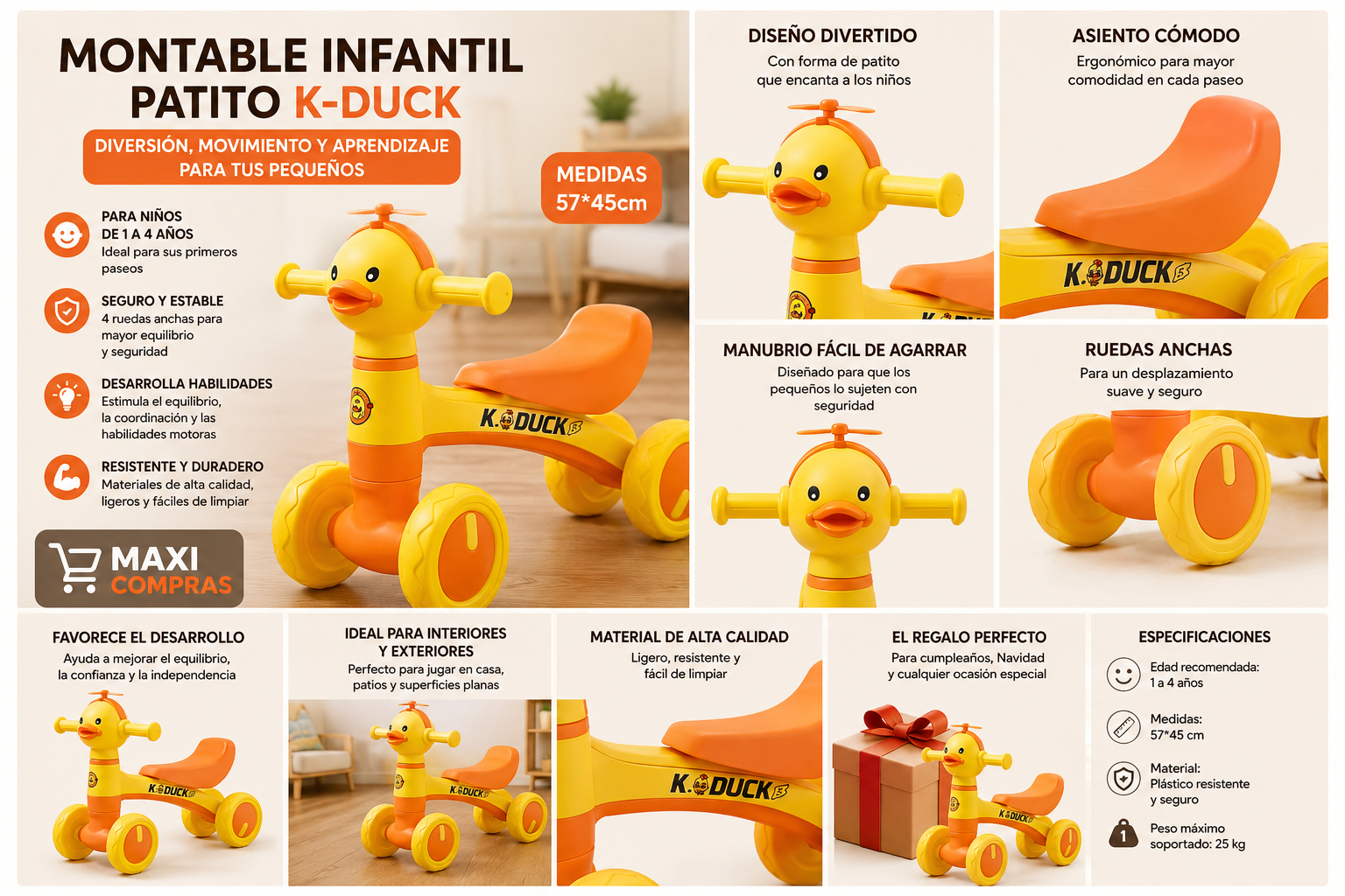 🐥🛴 Montable Infantil K-Duck – Caminador para Niños de 1 a 4 Años.